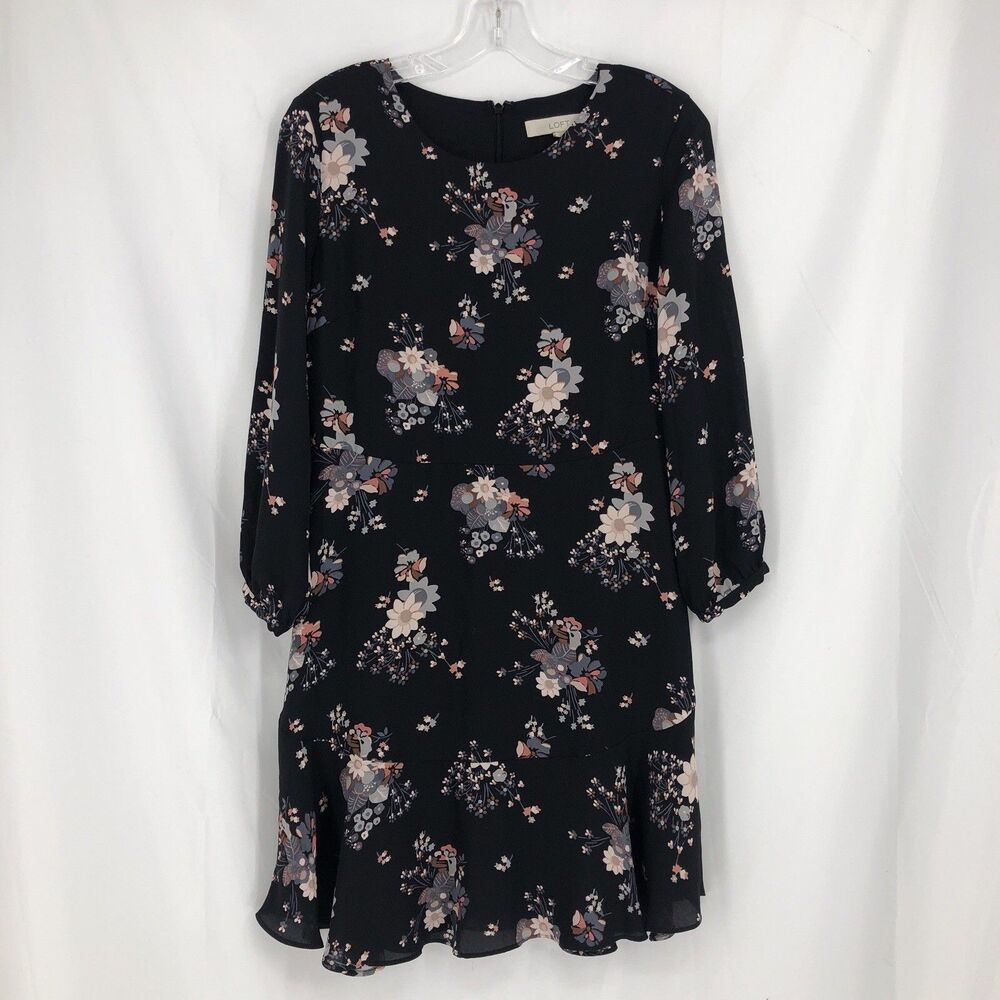 LOFT Dress Womens 6P Black Pink Floral Long Sleeve Fit & Flare